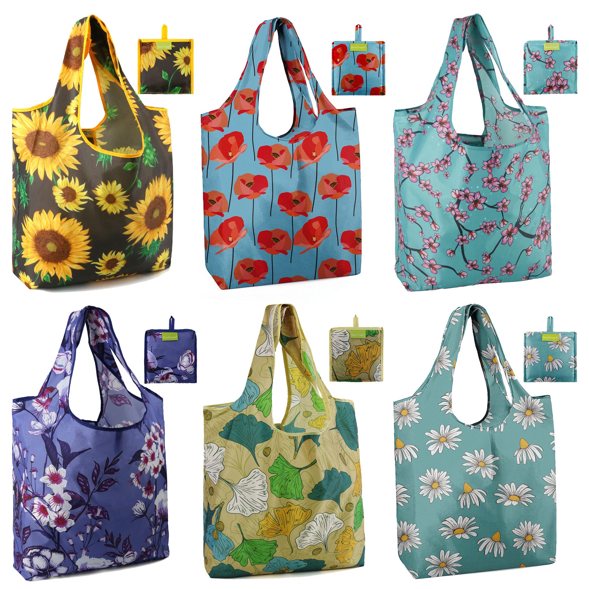 BeeGreen Christmas Reusable Gift Bags,6 Pack Large Holiday Tote Foldable Cloth Bag for Women, Cute Grocery Storage for Xmas Gifts Market Shopping, Washable Collapsible Reusable Bags with Handles